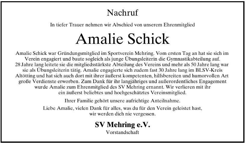 amalie schick nachruf